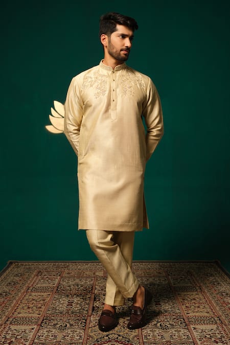 Buy Niloufer By Aasif Ally Gold Silk Embroidery Zardozi Cutdana Handwork Kurta And Pant Set Buy_Niloufer By Aasif Ally_Gold Silk Embroidery Zardozi Cutdana Handwork Kurta And Pant Set