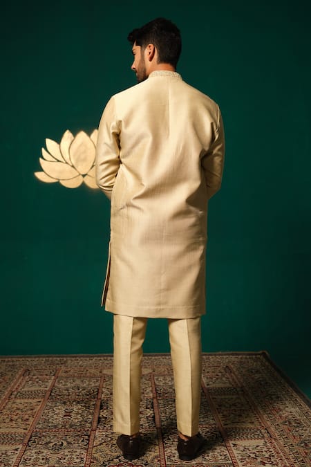 Shop Niloufer By Aasif Ally Gold Silk Embroidery Zardozi Cutdana Handwork Kurta And Pant Set at Aza Fashions Shop_Niloufer By Aasif Ally_Gold Silk Embroidery Zardozi Cutdana Handwork Kurta And Pant Set _at_Aza_Fashions