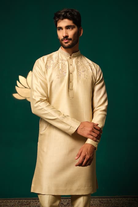 Shop Niloufer By Aasif Ally Gold Silk Embroidery Zardozi Cutdana Handwork Kurta And Pant Set Shop_Niloufer By Aasif Ally_Gold Silk Embroidery Zardozi Cutdana Handwork Kurta And Pant Set