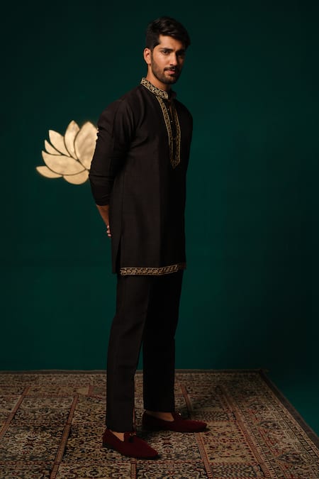 Shop_Niloufer By Aasif Ally_Black Silk Embroidery, Zari Zardozi Short Kurta And Pant Set _Online_at_Aza_Fashions