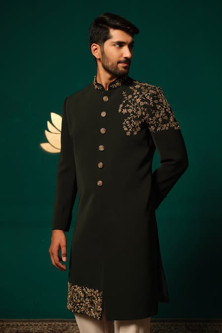 Niloufer By Aasif Ally Black Silk Embroidery, Stones Zardozi And Cutdana Sherwani & Salwar Online at Aza Fashions Niloufer By Aasif Ally_Black Silk Embroidery, Stones Zardozi And Cutdana Sherwani & Salwar _Online_at_Aza_Fashions