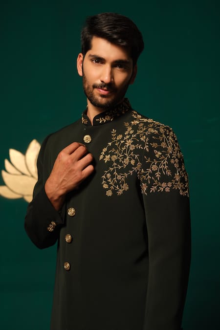 Buy Niloufer By Aasif Ally Black Silk Embroidery, Stones Zardozi And Cutdana Sherwani & Salwar Online at Aza Fashions Buy_Niloufer By Aasif Ally_Black Silk Embroidery, Stones Zardozi And Cutdana Sherwani & Salwar _Online_at_Aza_Fashions