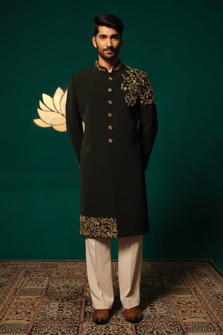 Niloufer By Aasif Ally Black Silk Embroidery, Stones Zardozi And Cutdana Sherwani & Salwar at Aza Fashions Niloufer By Aasif Ally_Black Silk Embroidery, Stones Zardozi And Cutdana Sherwani & Salwar _at_Aza_Fashions