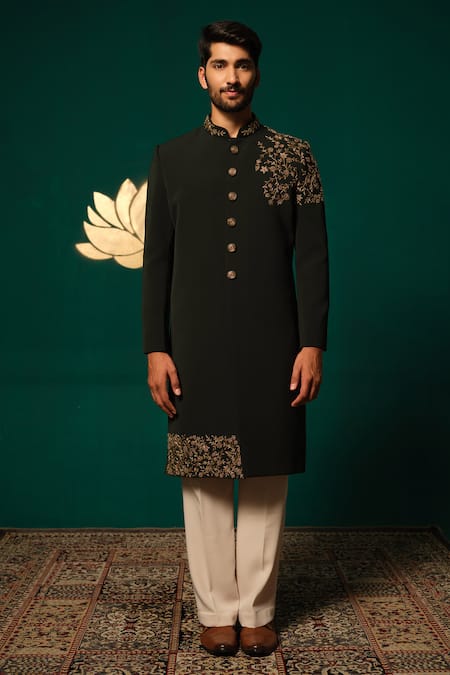 Shop Niloufer By Aasif Ally Black Silk Embroidery, Stones Zardozi And Cutdana Sherwani & Salwar at Aza Fashions Shop_Niloufer By Aasif Ally_Black Silk Embroidery, Stones Zardozi And Cutdana Sherwani & Salwar _at_Aza_Fashions