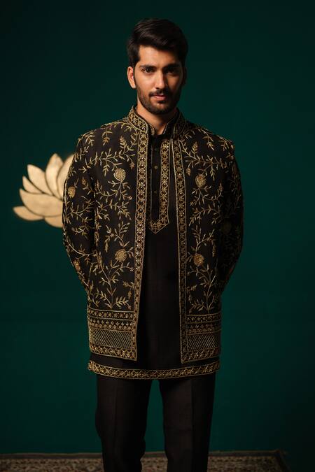 Niloufer By Aasif Ally Black Silk Embroidery, Zari Zardozi Handwork Jacket Kurta And Pant Set Online at Aza Fashions Niloufer By Aasif Ally_Black Silk Embroidery, Zari Zardozi Handwork Jacket Kurta And Pant Set _Online_at_Aza_Fashions
