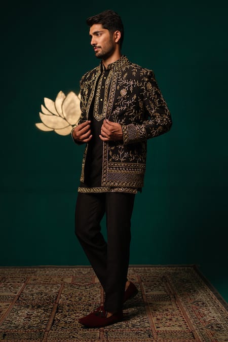 Buy Niloufer By Aasif Ally Black Silk Embroidery, Zari Zardozi Handwork Jacket Kurta And Pant Set Online at Aza Fashions Buy_Niloufer By Aasif Ally_Black Silk Embroidery, Zari Zardozi Handwork Jacket Kurta And Pant Set _Online_at_Aza_Fashions