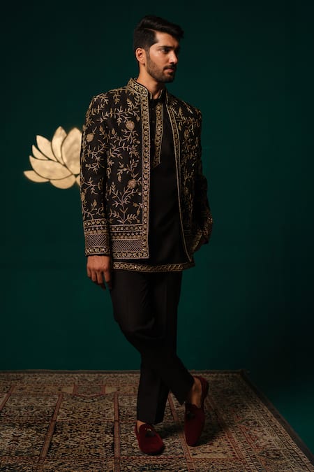 Shop Niloufer By Aasif Ally Black Silk Embroidery, Zari Zardozi Handwork Jacket Kurta And Pant Set Online at Aza Fashions Shop_Niloufer By Aasif Ally_Black Silk Embroidery, Zari Zardozi Handwork Jacket Kurta And Pant Set _Online_at_Aza_Fashions