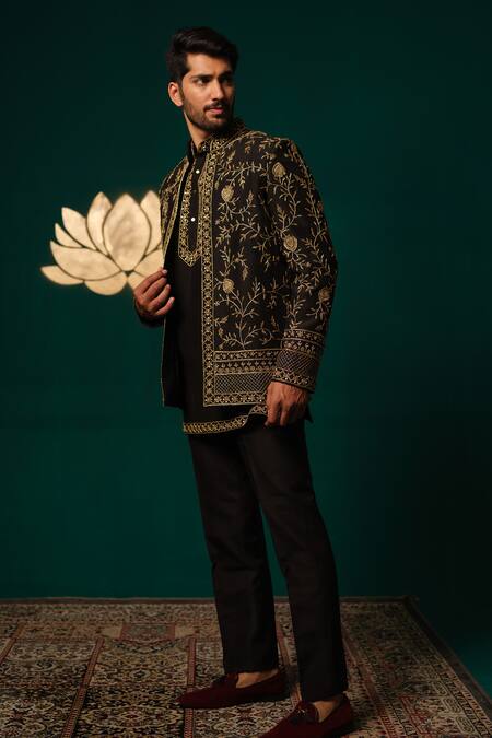 Niloufer By Aasif Ally Black Silk Embroidery, Zari Zardozi Handwork Jacket Kurta And Pant Set at Aza Fashions Niloufer By Aasif Ally_Black Silk Embroidery, Zari Zardozi Handwork Jacket Kurta And Pant Set _at_Aza_Fashions