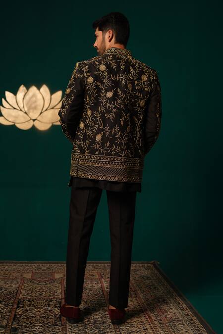 Shop Niloufer By Aasif Ally Black Silk Embroidery, Zari Zardozi Handwork Jacket Kurta And Pant Set at Aza Fashions Shop_Niloufer By Aasif Ally_Black Silk Embroidery, Zari Zardozi Handwork Jacket Kurta And Pant Set _at_Aza_Fashions