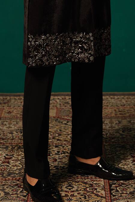 Niloufer By Aasif Ally Black Silk Embroidery, Zari Zardozi Handwork Sherwani And Pant Set Online at Aza Fashions Niloufer By Aasif Ally_Black Silk Embroidery, Zari Zardozi Handwork Sherwani And Pant Set _Online_at_Aza_Fashions