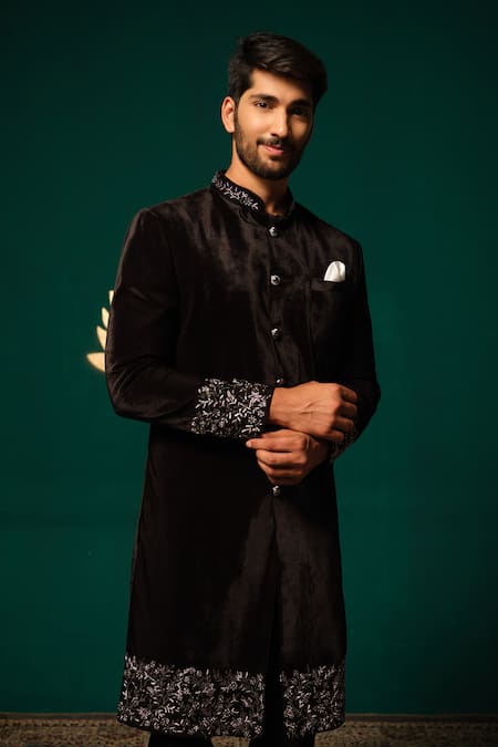 Buy Niloufer By Aasif Ally Black Silk Embroidery, Zari Zardozi Handwork Sherwani And Pant Set Online at Aza Fashions Buy_Niloufer By Aasif Ally_Black Silk Embroidery, Zari Zardozi Handwork Sherwani And Pant Set _Online_at_Aza_Fashions