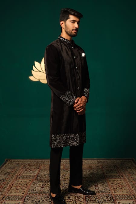 Shop Niloufer By Aasif Ally Black Silk Embroidery, Zari Zardozi Handwork Sherwani And Pant Set Online at Aza Fashions Shop_Niloufer By Aasif Ally_Black Silk Embroidery, Zari Zardozi Handwork Sherwani And Pant Set _Online_at_Aza_Fashions