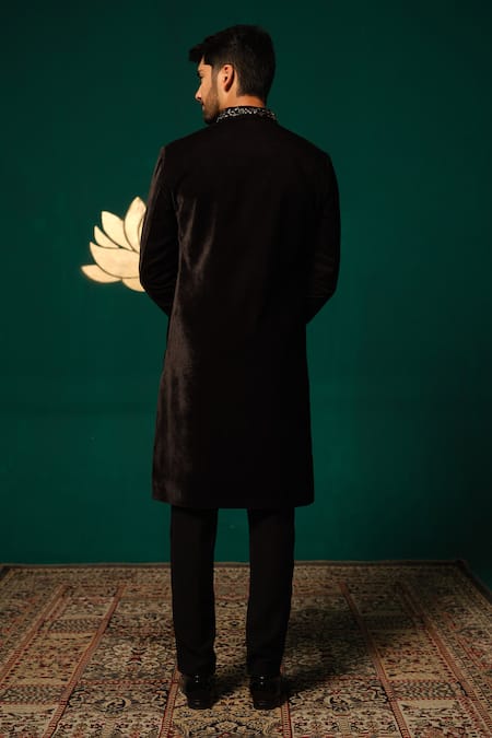 Shop Niloufer By Aasif Ally Black Silk Embroidery, Zari Zardozi Handwork Sherwani And Pant Set at Aza Fashions Shop_Niloufer By Aasif Ally_Black Silk Embroidery, Zari Zardozi Handwork Sherwani And Pant Set _at_Aza_Fashions