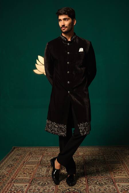 Niloufer By Aasif Ally Black Silk Embroidery, Zari Zardozi Handwork Sherwani And Pant Set at Aza Fashions Niloufer By Aasif Ally_Black Silk Embroidery, Zari Zardozi Handwork Sherwani And Pant Set _at_Aza_Fashions