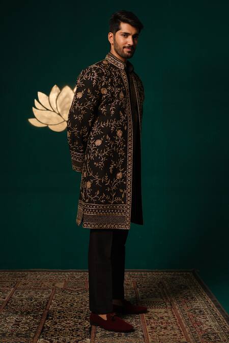 Niloufer By Aasif Ally_Black Silk Embroidery, Zari Zardozi Handwork Sherwani Kurta And Pant Set _Online_at_Aza_Fashions