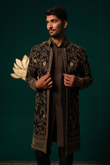 Buy_Niloufer By Aasif Ally_Black Silk Embroidery, Zari Zardozi Handwork Sherwani Kurta And Pant Set _Online_at_Aza_Fashions