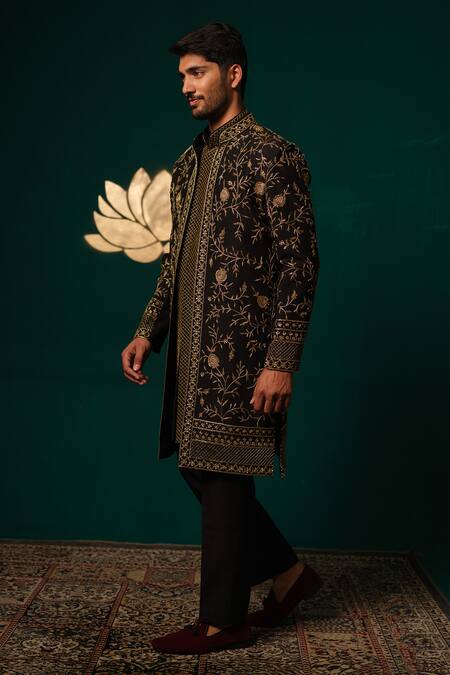 Shop_Niloufer By Aasif Ally_Black Silk Embroidery, Zari Zardozi Handwork Sherwani Kurta And Pant Set _Online_at_Aza_Fashions