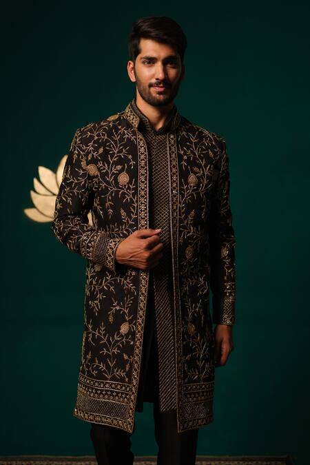 Niloufer By Aasif Ally_Black Silk Embroidery, Zari Zardozi Handwork Sherwani Kurta And Pant Set _at_Aza_Fashions