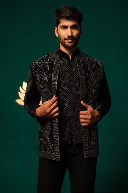 Niloufer By Aasif Ally_Black Silk Embroidery, Beads Cutdana Handwork Inner Jacket And Pant Set _Online_at_Aza_Fashions