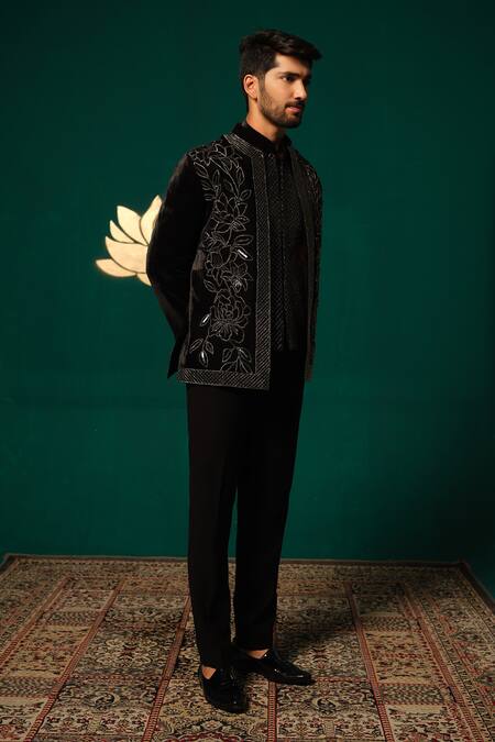 Shop_Niloufer By Aasif Ally_Black Silk Embroidery, Beads Cutdana Handwork Inner Jacket And Pant Set _Online_at_Aza_Fashions