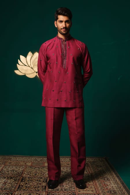 Buy_Niloufer By Aasif Ally_Maroon Silk Embroidery Zardozi Handwork Short Kurta And Pant Set _Online_at_Aza_Fashions