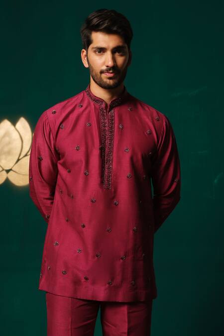 Shop_Niloufer By Aasif Ally_Maroon Silk Embroidery Zardozi Handwork Short Kurta And Pant Set _Online_at_Aza_Fashions