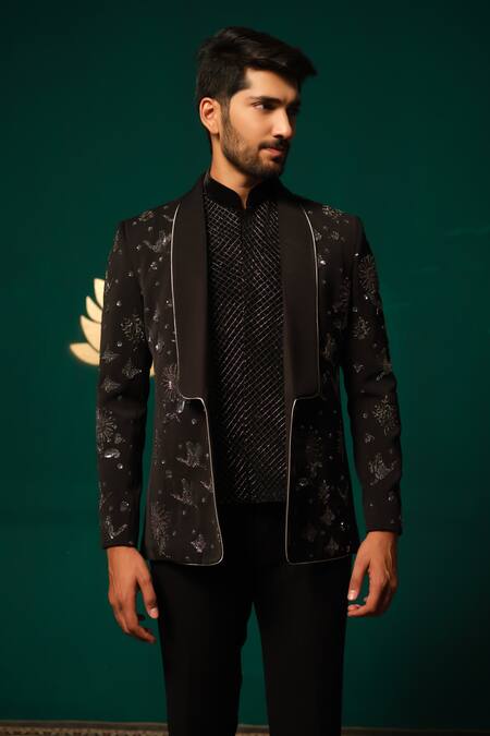 Niloufer By Aasif Ally_Black Silk Embroidery, Beads Zardozi And Cutdana Blazer & Pant Set _Online_at_Aza_Fashions