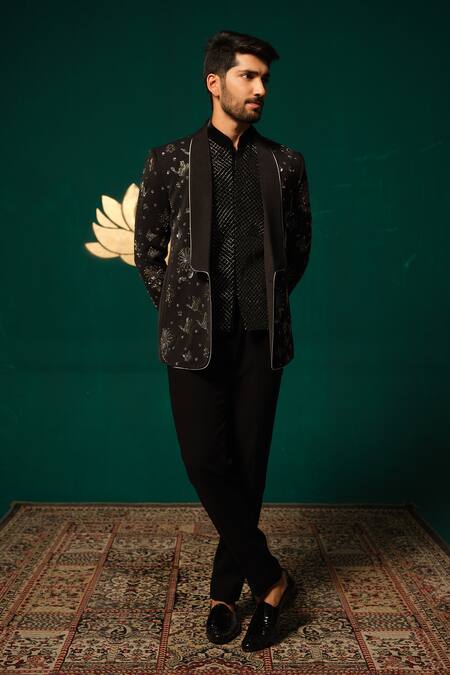 Niloufer By Aasif Ally_Black Silk Embroidery, Beads Zardozi And Cutdana Blazer & Pant Set _at_Aza_Fashions