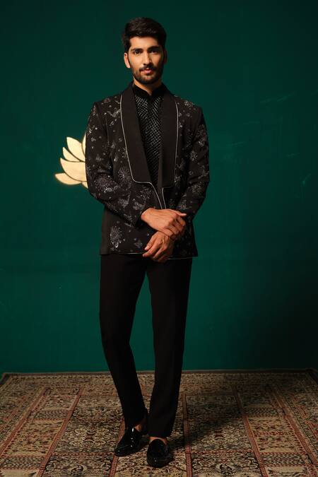 Buy_Niloufer By Aasif Ally_Black Silk Embroidery, Beads Zardozi And Cutdana Blazer & Pant Set 