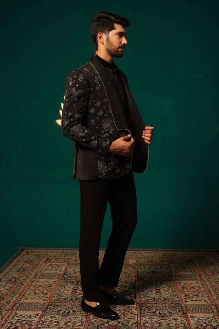Shop_Niloufer By Aasif Ally_Black Silk Embroidery, Beads Zardozi And Cutdana Blazer & Pant Set 