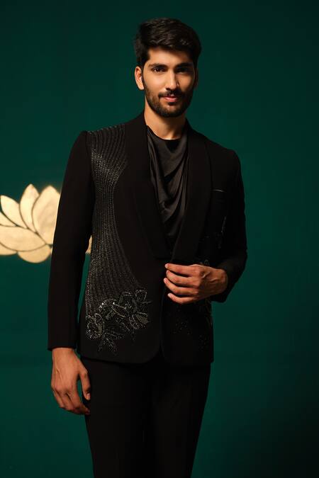 Buy_Niloufer By Aasif Ally_Black Silk Sequins Sequence And Cutdana Handwork Blazer Set _Online_at_Aza_Fashions