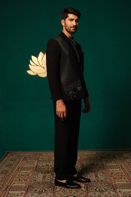 Shop_Niloufer By Aasif Ally_Black Silk Sequins Sequence And Cutdana Handwork Blazer Set 