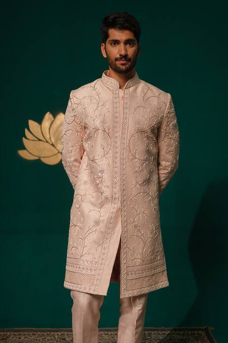 Niloufer By Aasif Ally_Pink Silk Embroidery, Stones Zardozi And Cutdana Handwork Sherwani & Pant Set _Online_at_Aza_Fashions