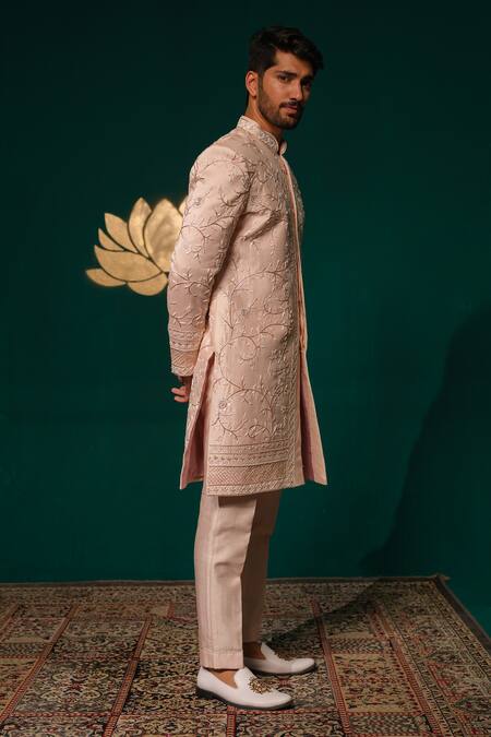 Buy_Niloufer By Aasif Ally_Pink Silk Embroidery, Stones Zardozi And Cutdana Handwork Sherwani & Pant Set _Online_at_Aza_Fashions