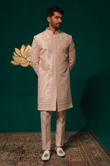 Shop_Niloufer By Aasif Ally_Pink Silk Embroidery, Stones Zardozi And Cutdana Handwork Sherwani & Pant Set _Online_at_Aza_Fashions