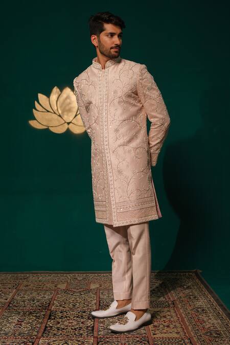 Niloufer By Aasif Ally_Pink Silk Embroidery, Stones Zardozi And Cutdana Handwork Sherwani & Pant Set _at_Aza_Fashions