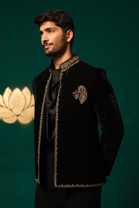Buy_Niloufer By Aasif Ally_Black Velvet Embroidery Zardozi Bandhgala Set _Online_at_Aza_Fashions