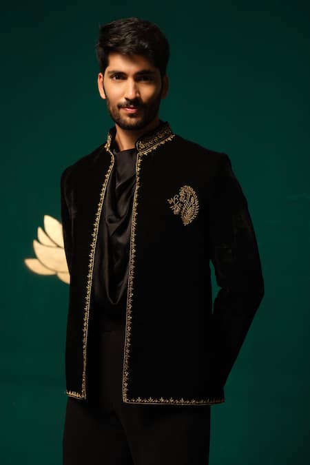 Shop_Niloufer By Aasif Ally_Black Velvet Embroidery Zardozi Bandhgala Set _Online_at_Aza_Fashions