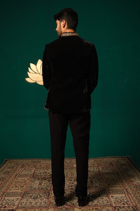 Niloufer By Aasif Ally Velvet Zardozi Embroidered Bandhgala Set 