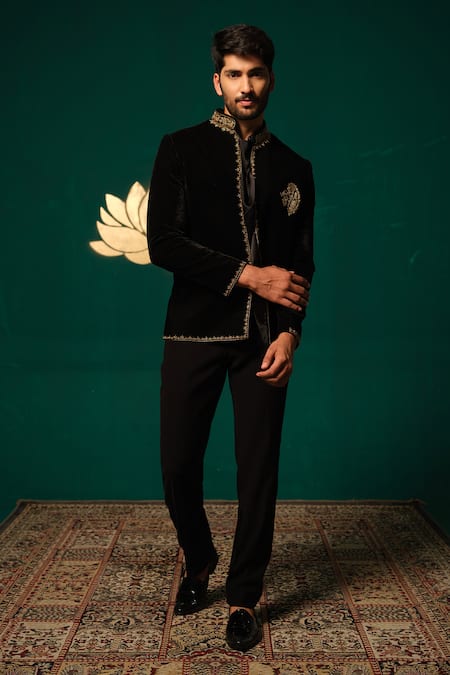 Niloufer By Aasif Ally Velvet Zardozi Embroidered Bandhgala Set 