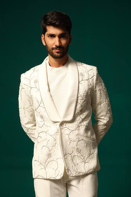Buy_Niloufer By Aasif Ally_White Silk Embroidery Zardozi And Cutdana Handwork Blazer & Pant Set _Online_at_Aza_Fashions