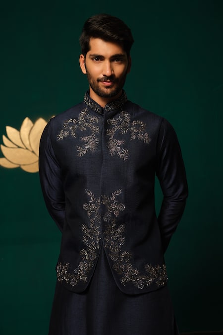 Niloufer By Aasif Ally_Navy Silk Embroidery, Stones Zardozi And Cut Dana Nehru Jacket Set _Online_at_Aza_Fashions