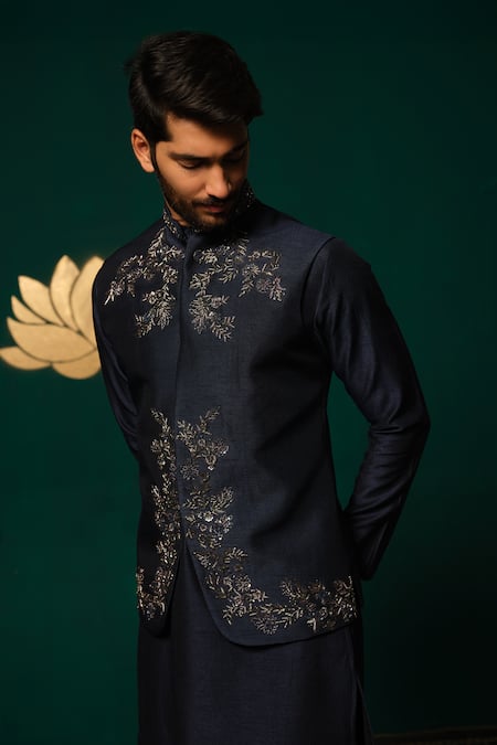 Shop_Niloufer By Aasif Ally_Navy Silk Embroidery, Stones Zardozi And Cut Dana Nehru Jacket Set _Online_at_Aza_Fashions