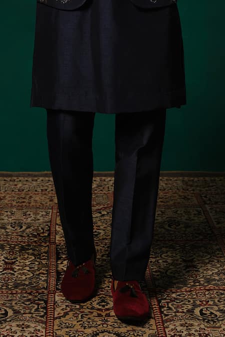 Niloufer By Aasif Ally_Navy Silk Embroidery, Stones Zardozi And Cut Dana Nehru Jacket Set _at_Aza_Fashions