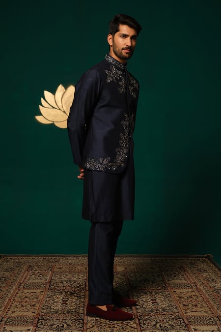 Buy_Niloufer By Aasif Ally_Navy Silk Embroidery, Stones Zardozi And Cut Dana Nehru Jacket Set 