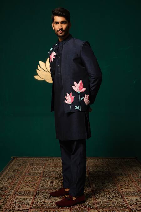 Niloufer By Aasif Ally_Navy Silk Hand-painted Floral Nehru Jacket Kurta And Pant Set _Online_at_Aza_Fashions