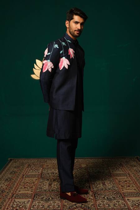 Buy_Niloufer By Aasif Ally_Navy Silk Hand-painted Floral Nehru Jacket Kurta And Pant Set _Online_at_Aza_Fashions