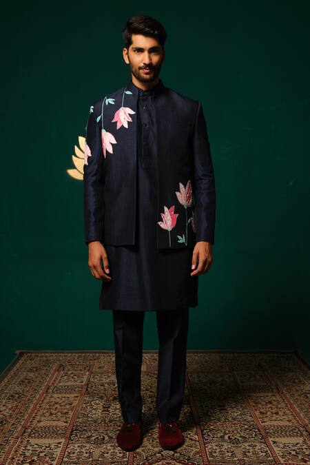 Niloufer By Aasif Ally_Navy Silk Hand-painted Floral Nehru Jacket Kurta And Pant Set _at_Aza_Fashions