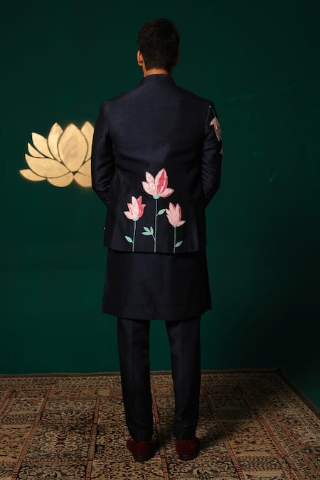Niloufer By Aasif Ally Hand-Painted Floral Nehru Jacket Kurta & Pant Set 