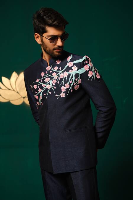 Niloufer By Aasif Ally_Navy Silk Embroidery Hand-painted Floral Bandhgala And Pant Set _Online_at_Aza_Fashions